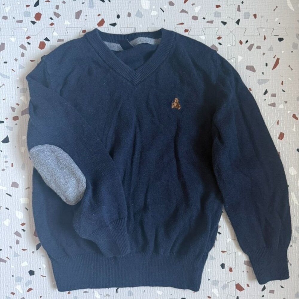 Navy V Neck Sweater with Grey Elbow Patches